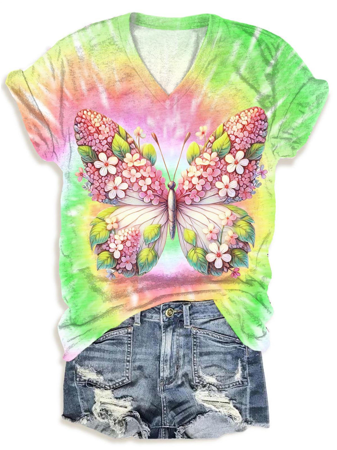 Spring Colorful Tie Dye Butterfly V-neck T-Shirt