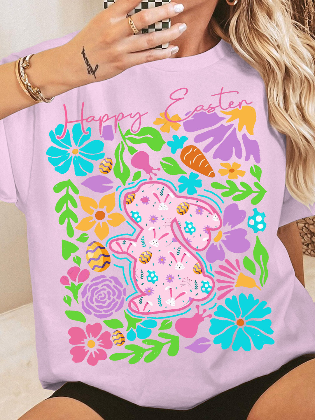 Happy Easter Floral Spring Crew Neck T-shirt