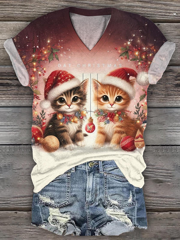 Cat Christmas Printed Long Sleeve Casual Top