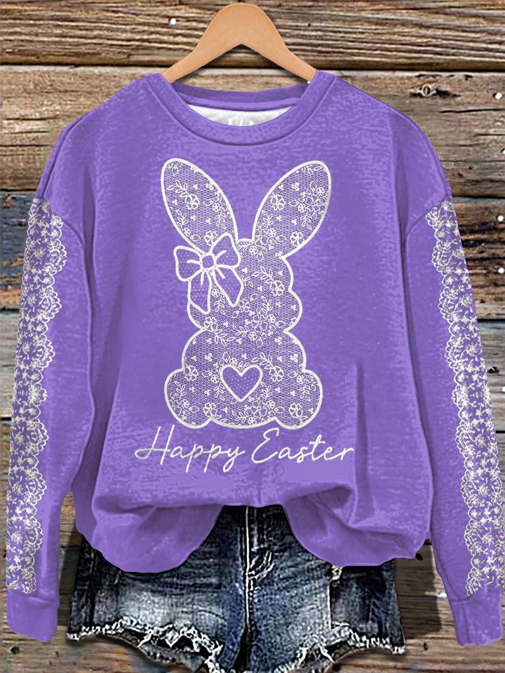 White Lace Bunny Easter Print Long Sleeve Casual Top