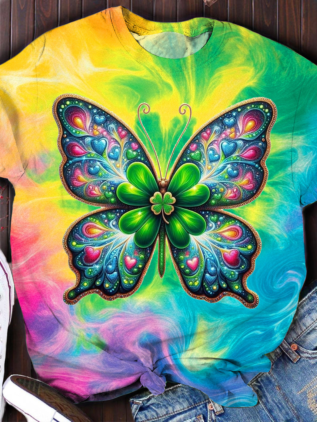 St. Patrick Day Butterfly Tie Dye Crew Neck T-shirt