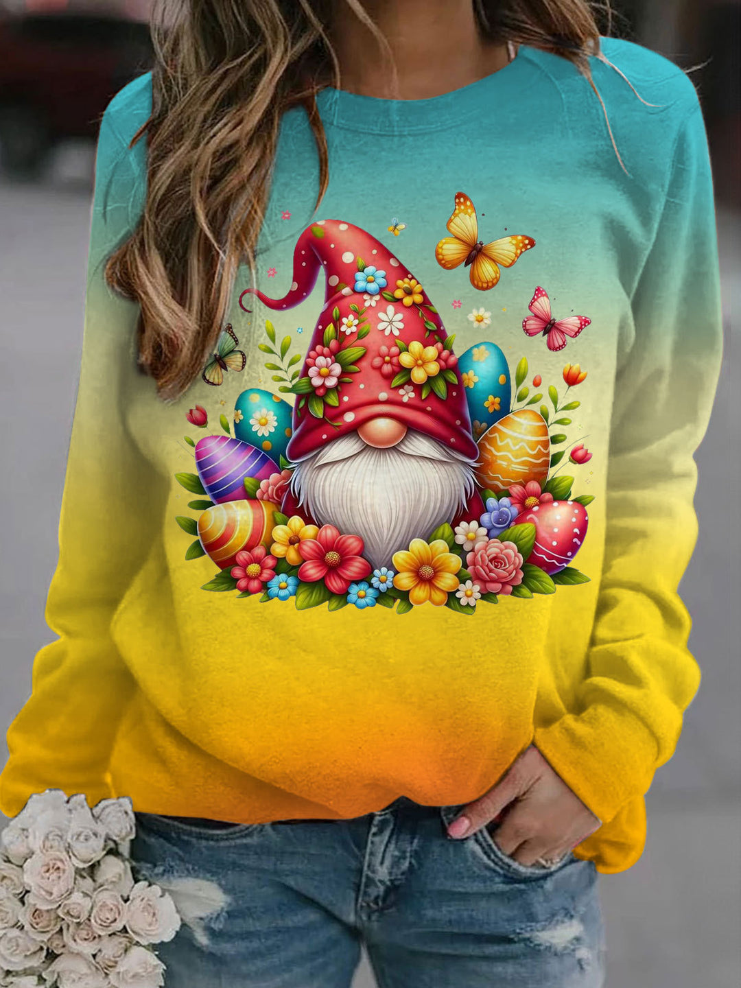 Easter Butterfly Gnomes Long Sleeve Casual Top