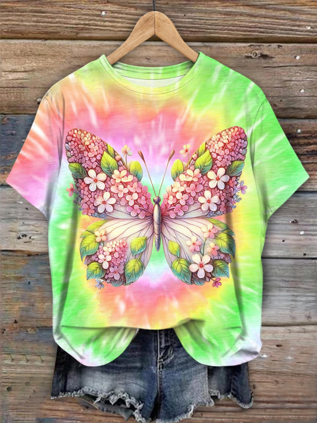 Colorful Butterfly And Flower Tie Dye Crew Neck T-shirt