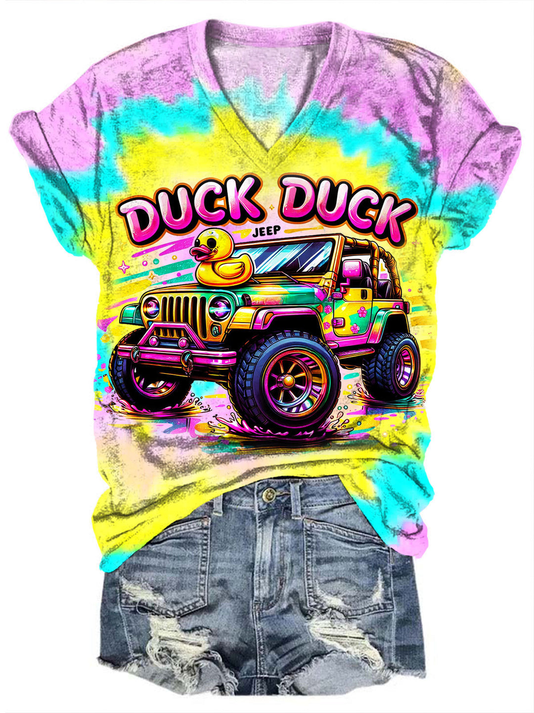 Tie Dye Duck Print V-Neck Short Sleeve T-Shirt