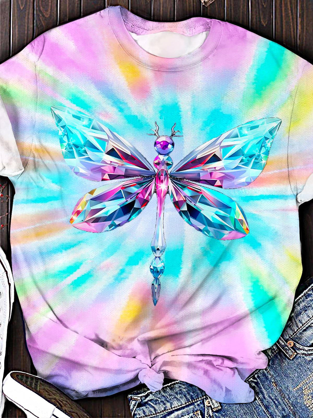 Colorful Dragonfly Crew Neck T-shirt