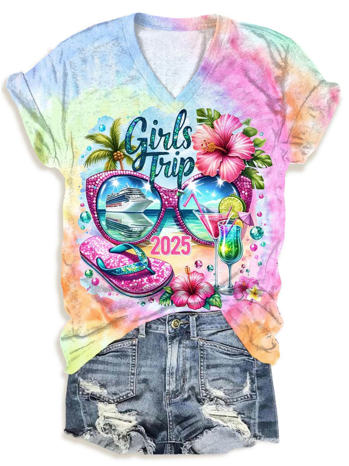 Girls Trip 2025 Tropical Cruise Trip V-Neck T-Shirt