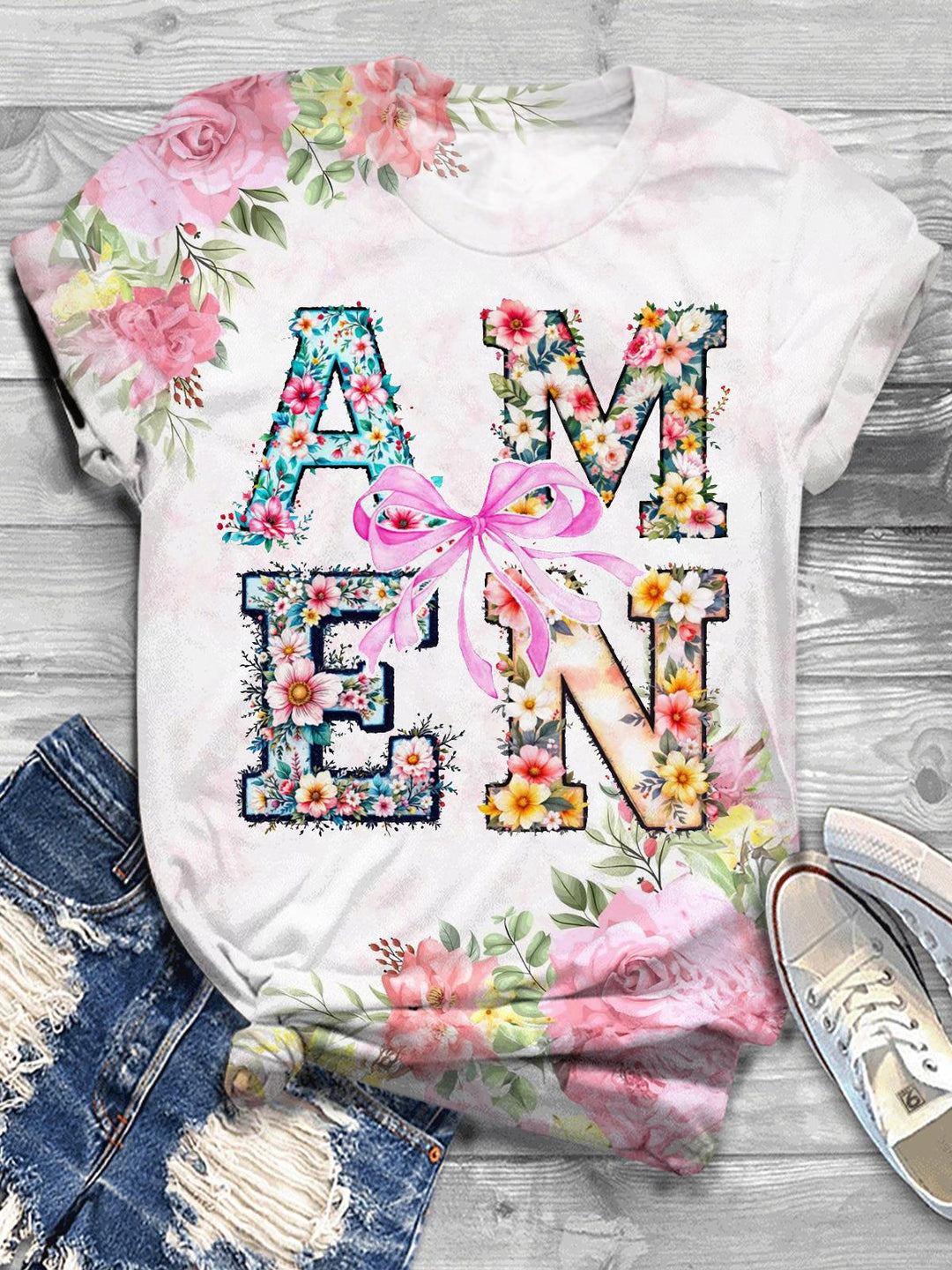 Retro Floral Amen Christian Easter T-shirt