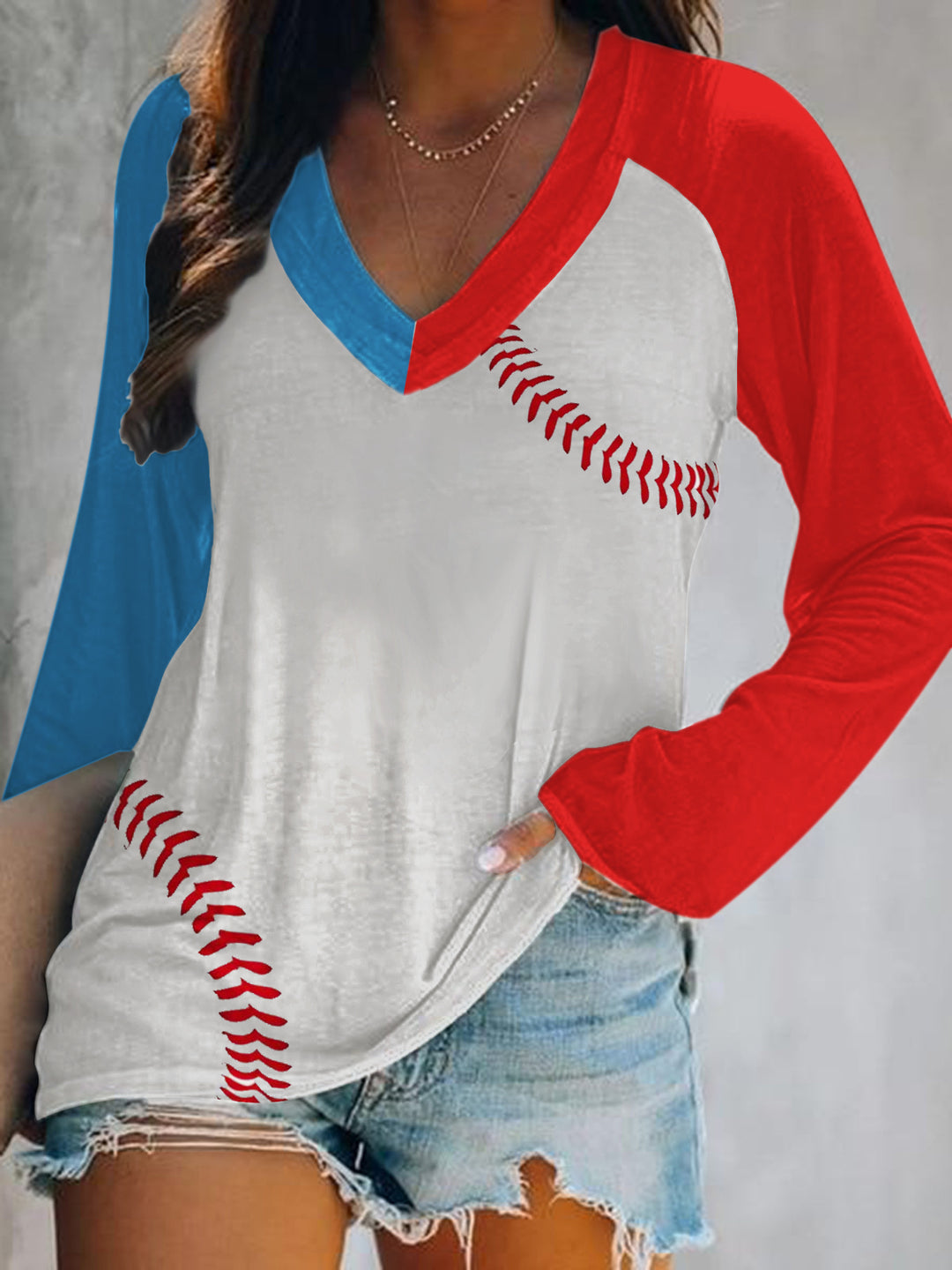 Blue And Red Flat Retro Baseball Print V-Neck Long Sleeve Top