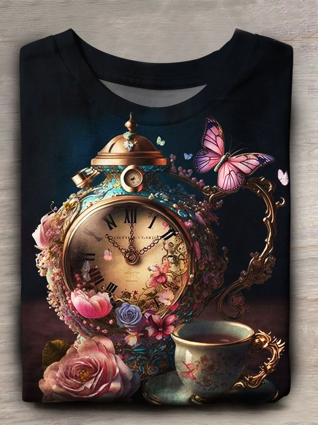 Butterfly Clock Floral Print Casual Short Sleeve Top