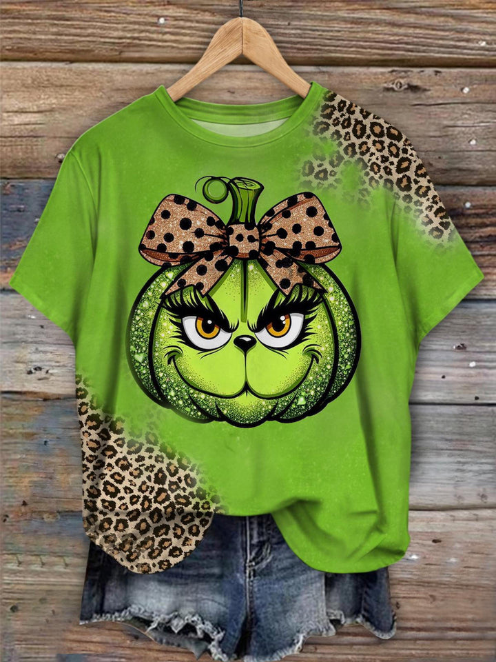 Women's Funny Christmas Leopard Pumpkin Long Sleeve Top