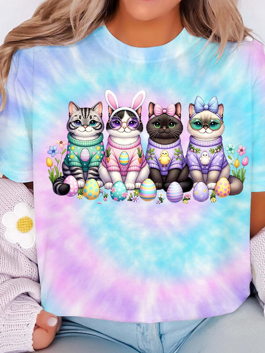 Cute Easter Cat Crew Neck T-shirt