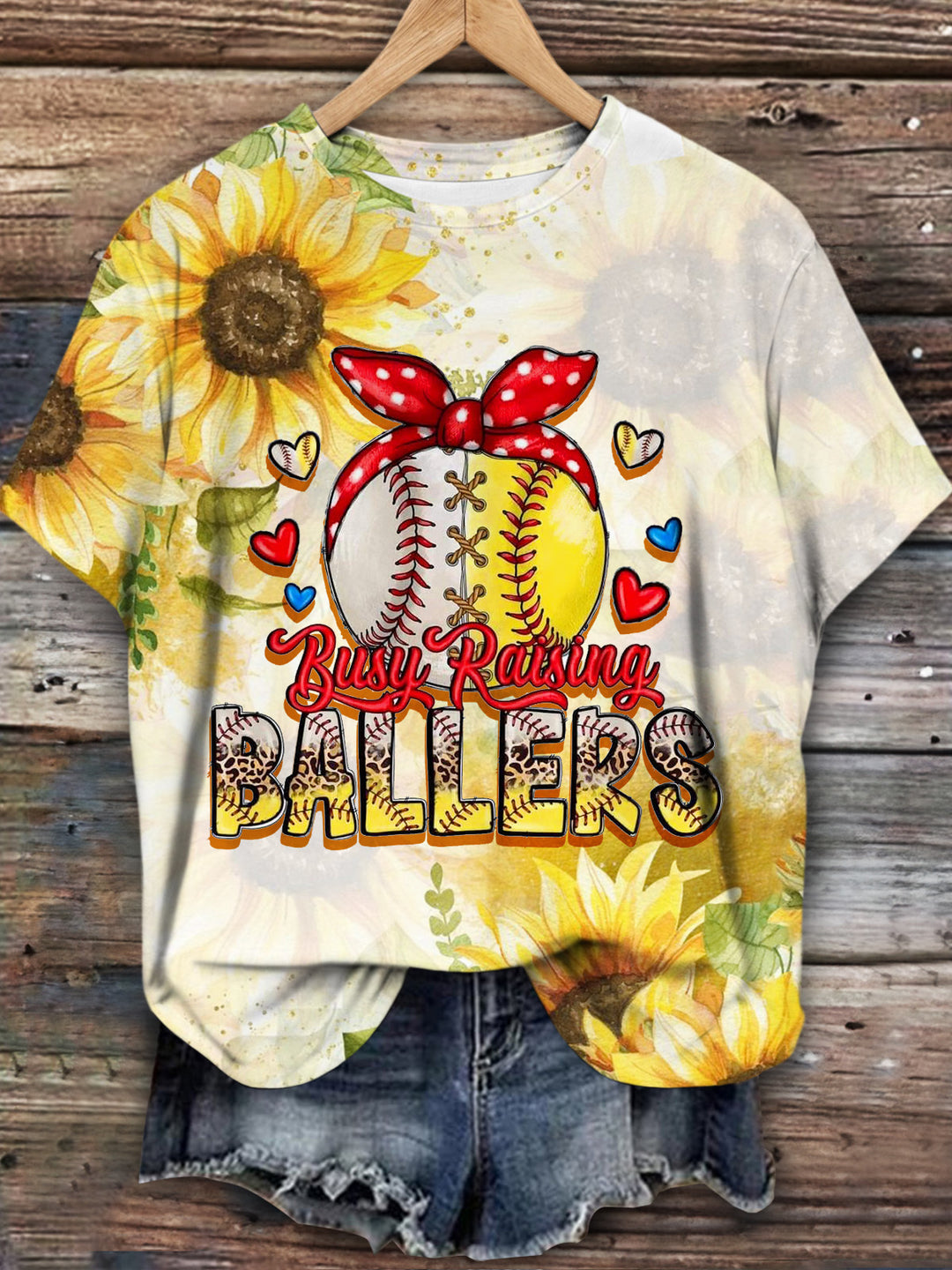 Busy Raising Ballers Baseball Summer Sunflower Print T-Shirt