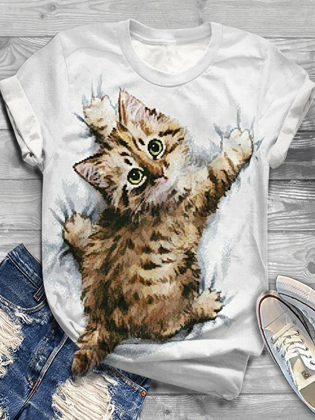 3D Cute Cat Printed Crew Neck T-shirt