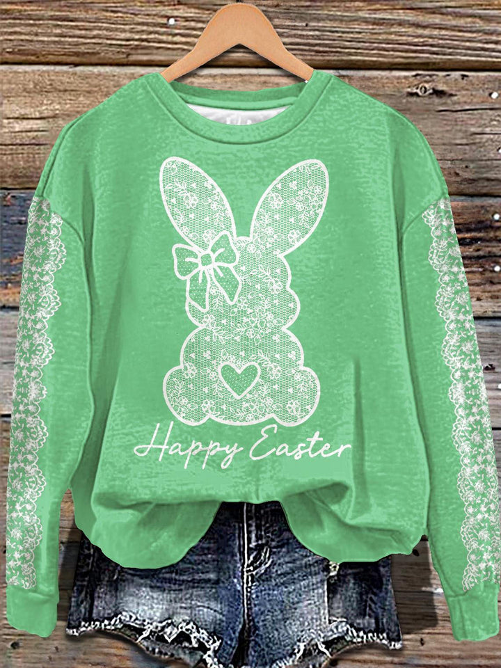 White Lace Bunny Easter Print Long Sleeve Casual Top