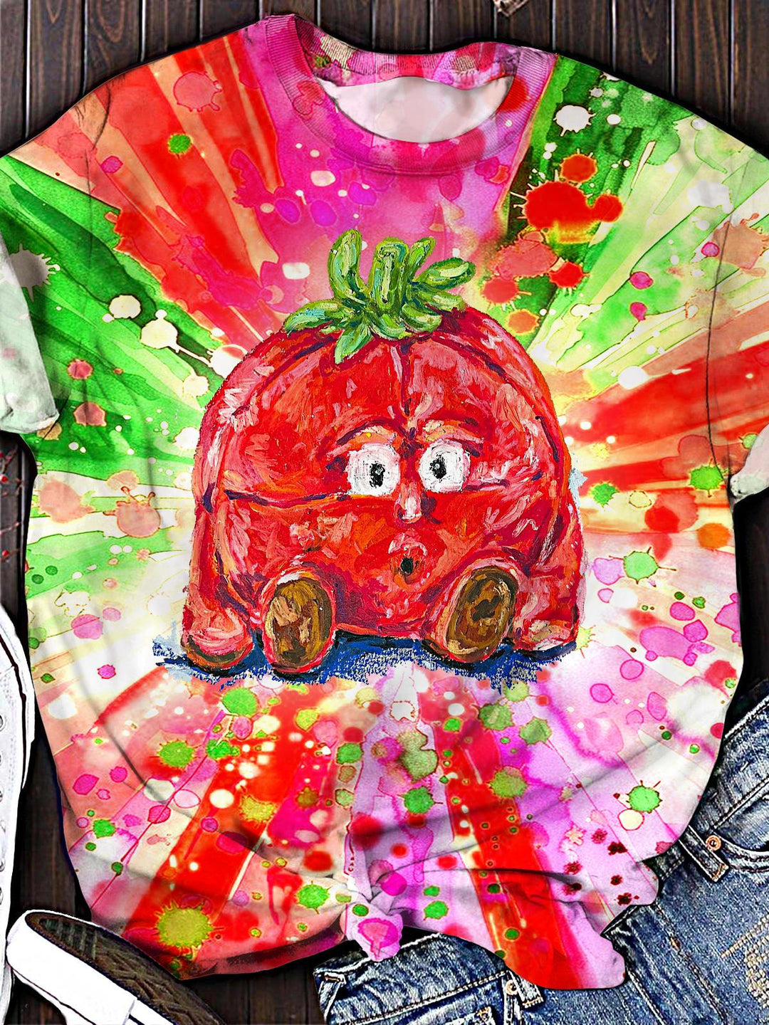 Crayon Art Cute Tomato Crew Neck T-shirt