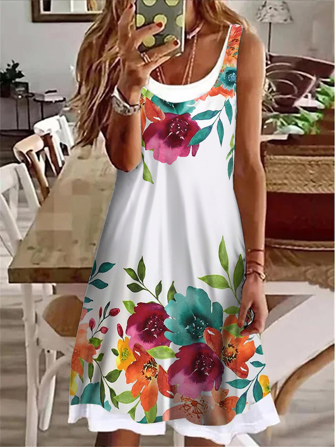 Watercolor Flowers Ladies False Two Dress