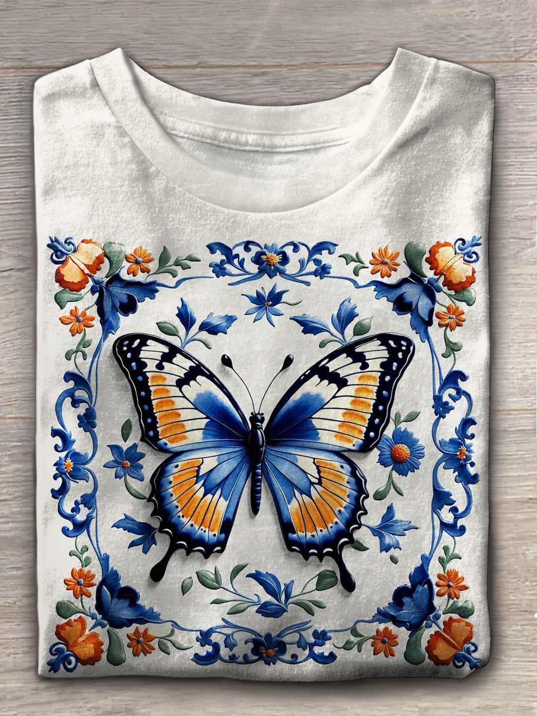 Retro Butterfly Print Crew Neck T-shirt