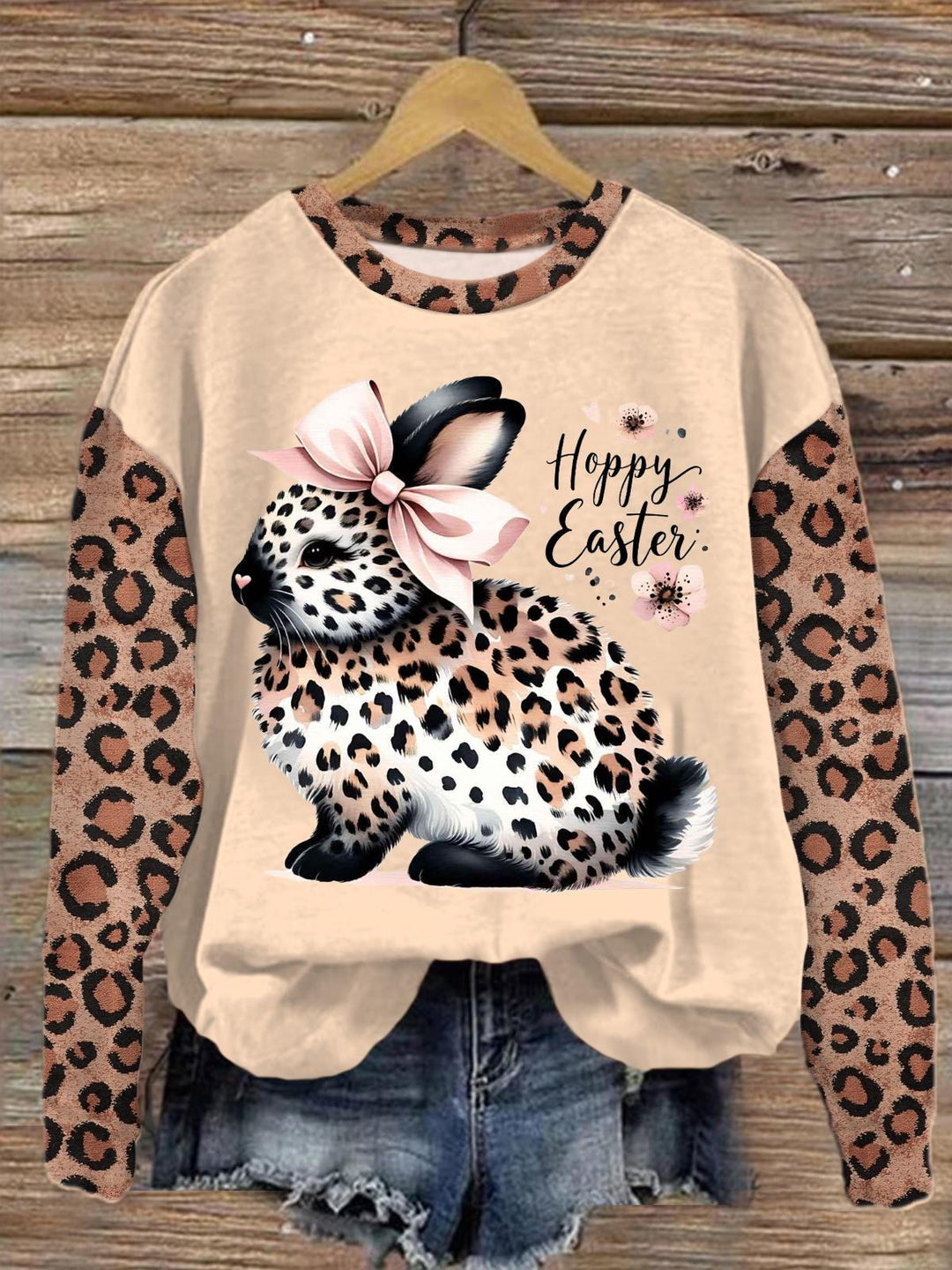 Cute Leopard Easter Bunny Printed Long Sleeve Casual Top