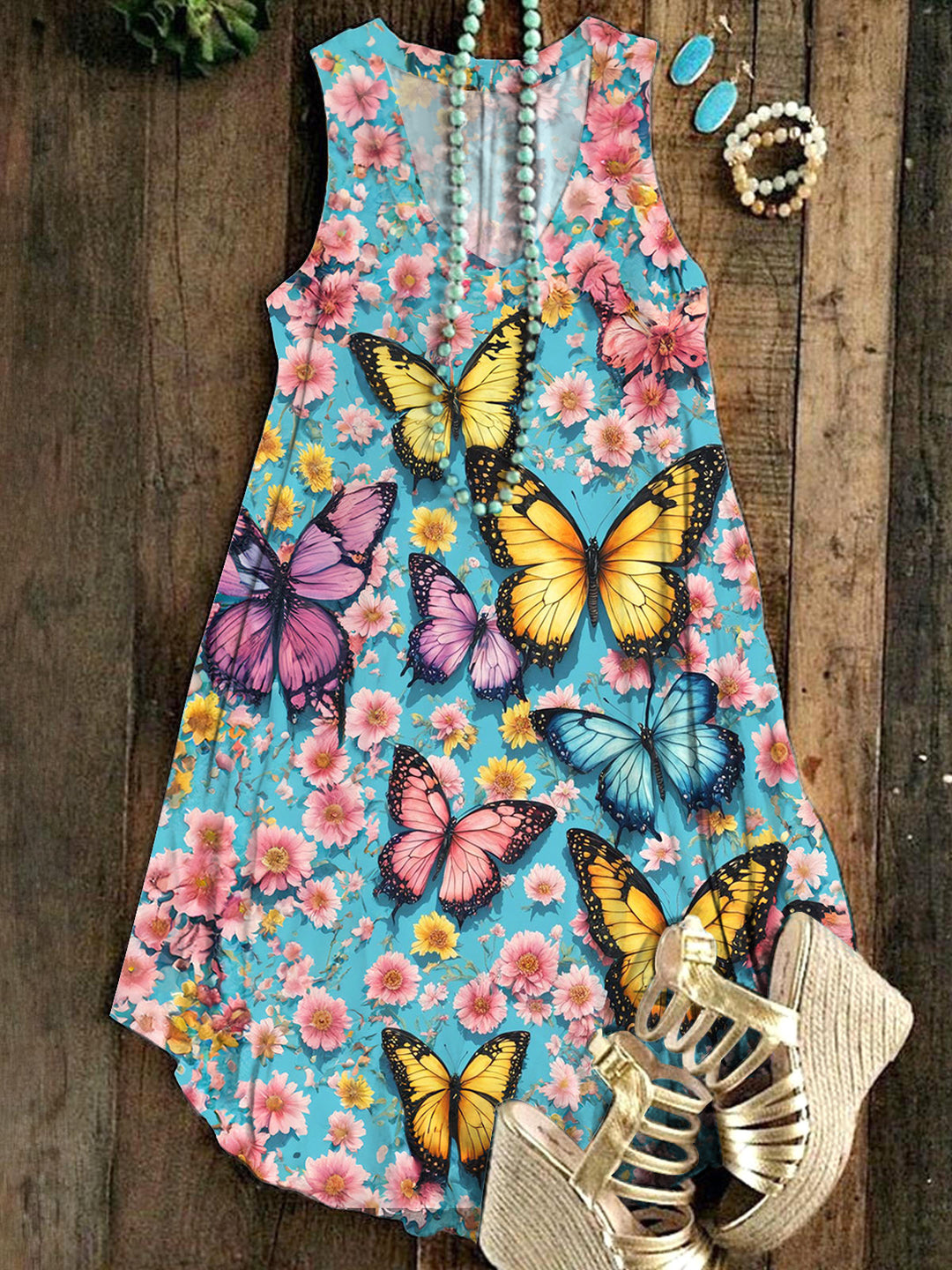 Butterfly Daisy Flower Sleeveless V Neck Dress