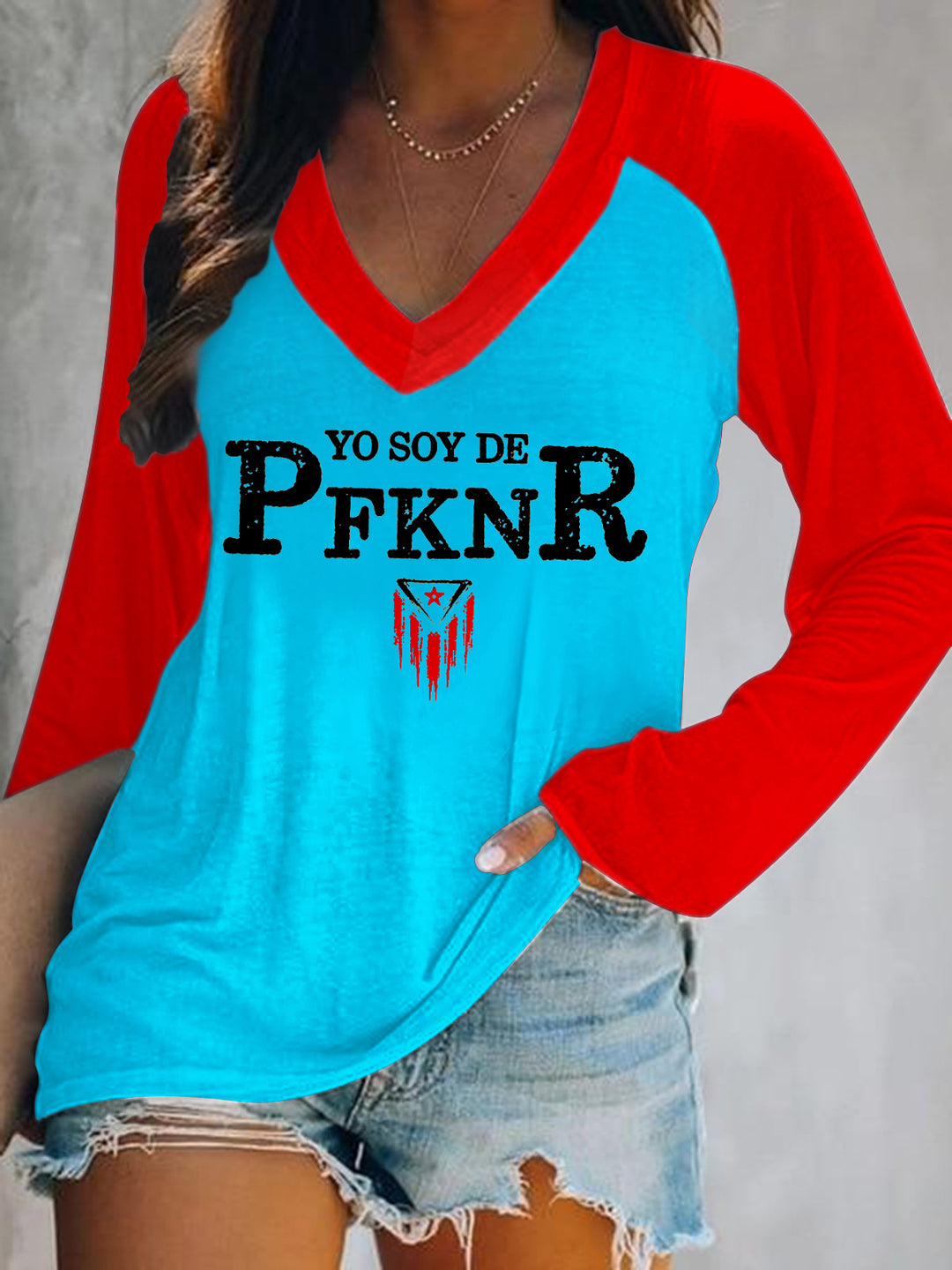 PfknR Print V-Neck Long Sleeve Top