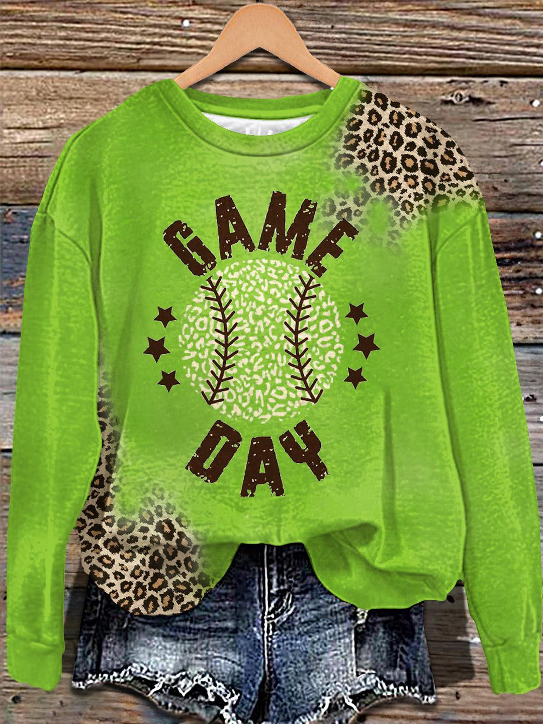 Leopard Baseball Game Day Printed Long Sleeve Casual Top