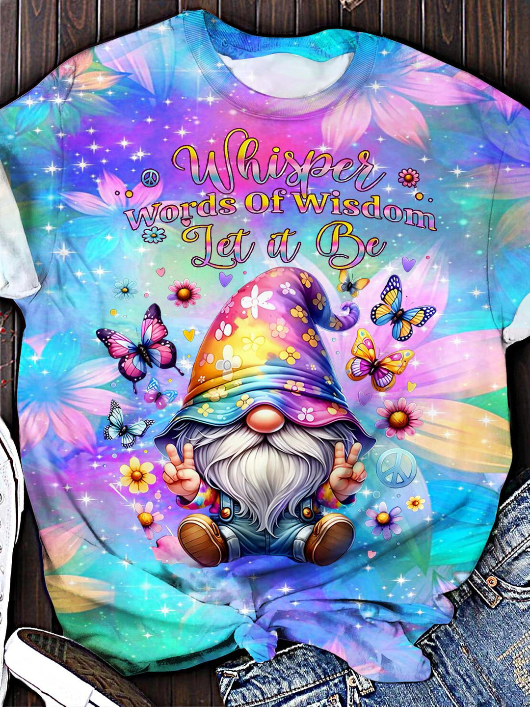 Hippie Spring And Summer Gnome Printed Crew Neck T-shirt