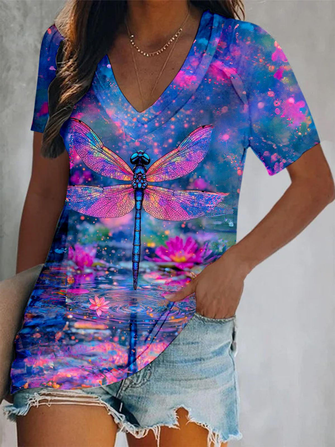 Dragonfly Print Short Sleeve V Neck Print Top