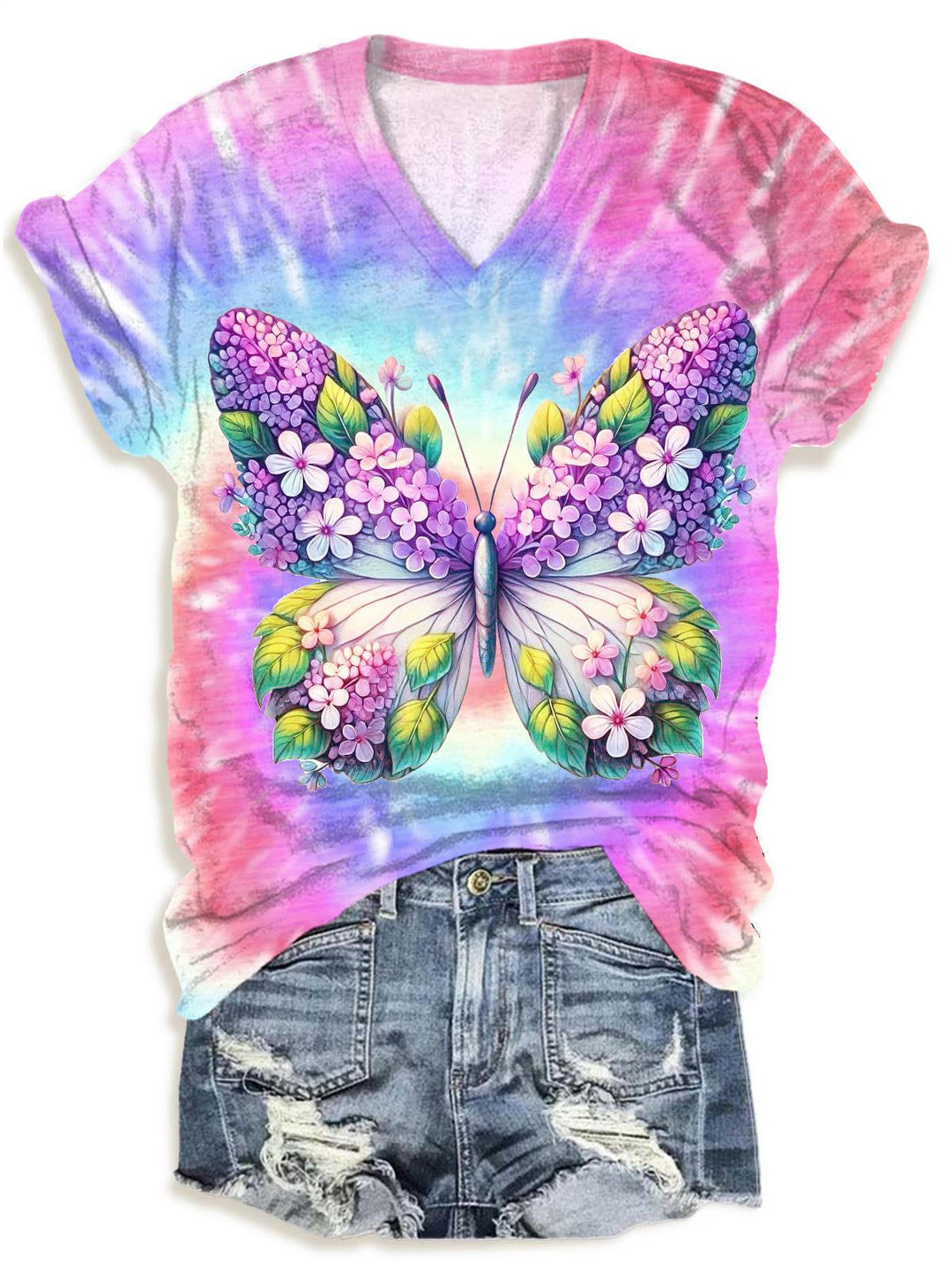 Spring Colorful Tie Dye Butterfly V-neck T-Shirt