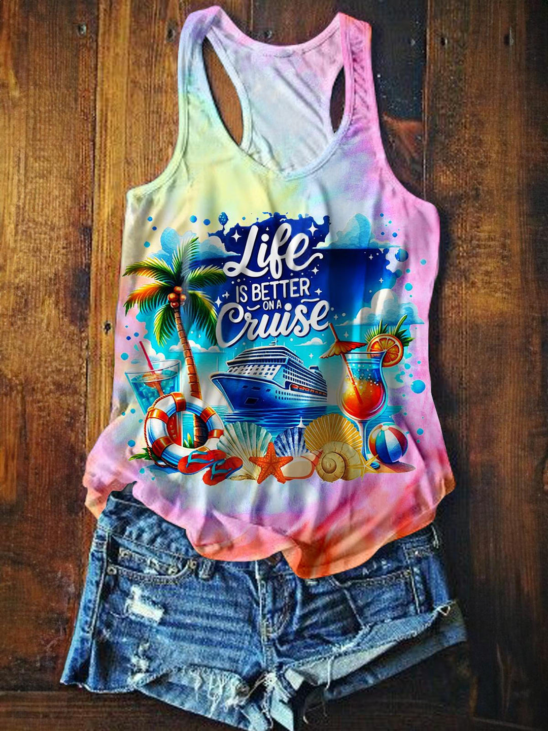 Tie Dye Print Life Is Better on A Cruise Casual Tank Top