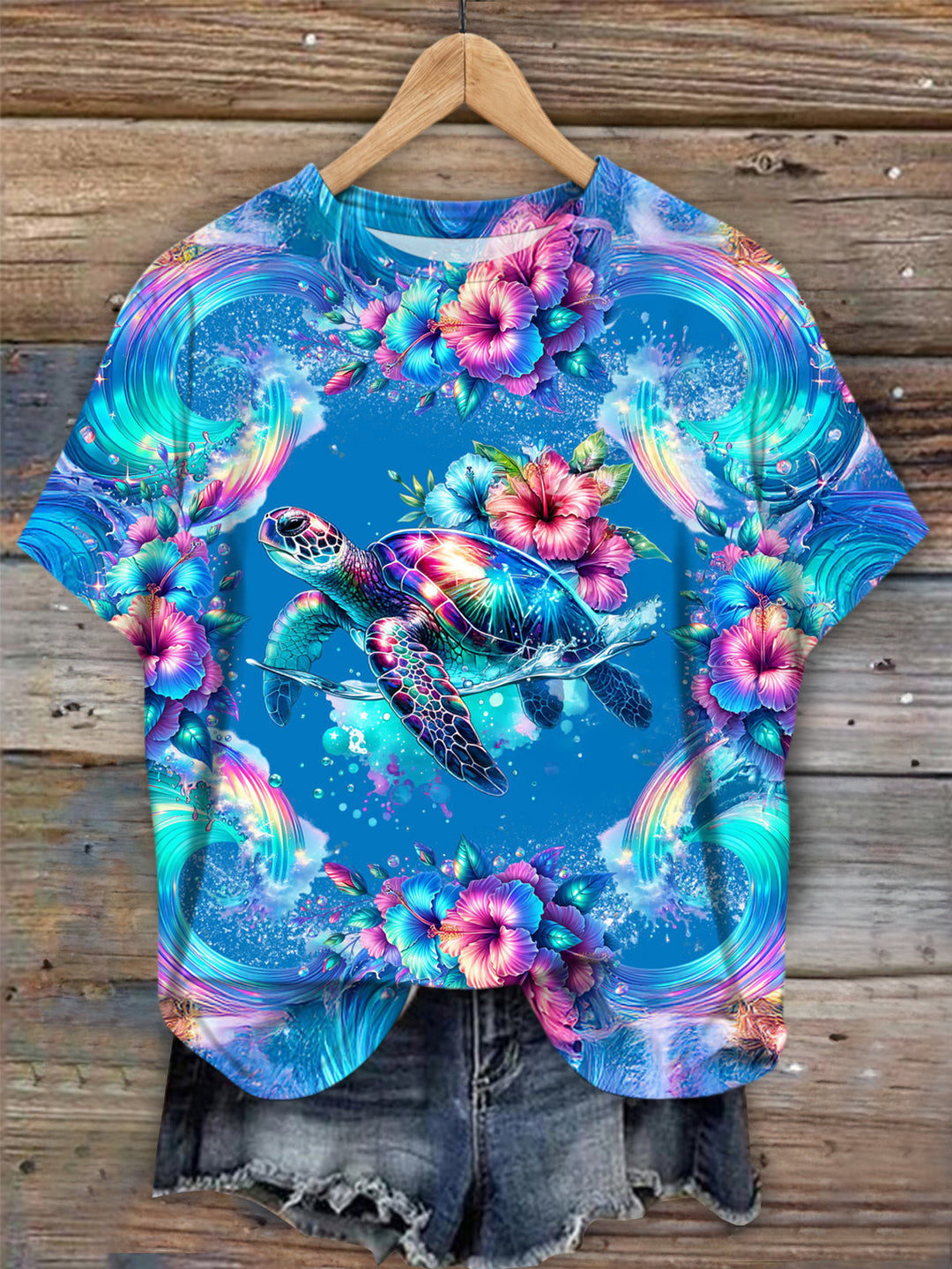 Sea Turtle Colorful Flower Crew Neck T-shirt