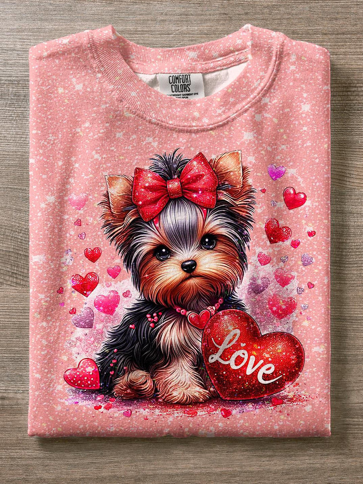 Valentine's Day Heart Cute Puppy Print Crew Neck T-shirt