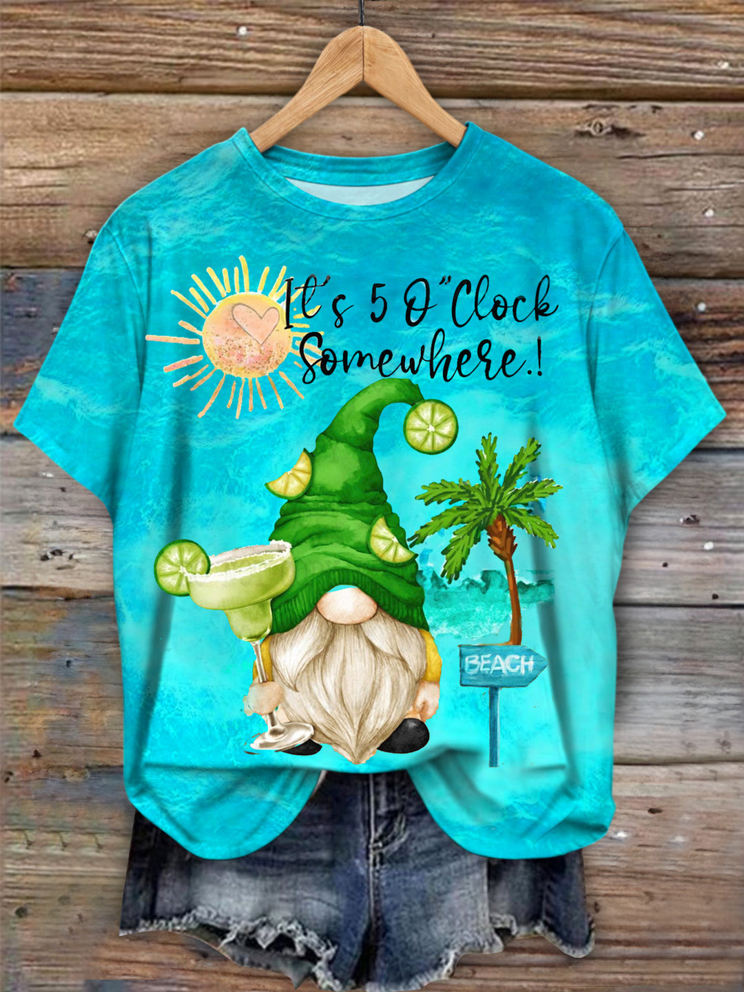 It's 5 O'Clock Somewhere Gnome Vacation Crew Neck T-shirt