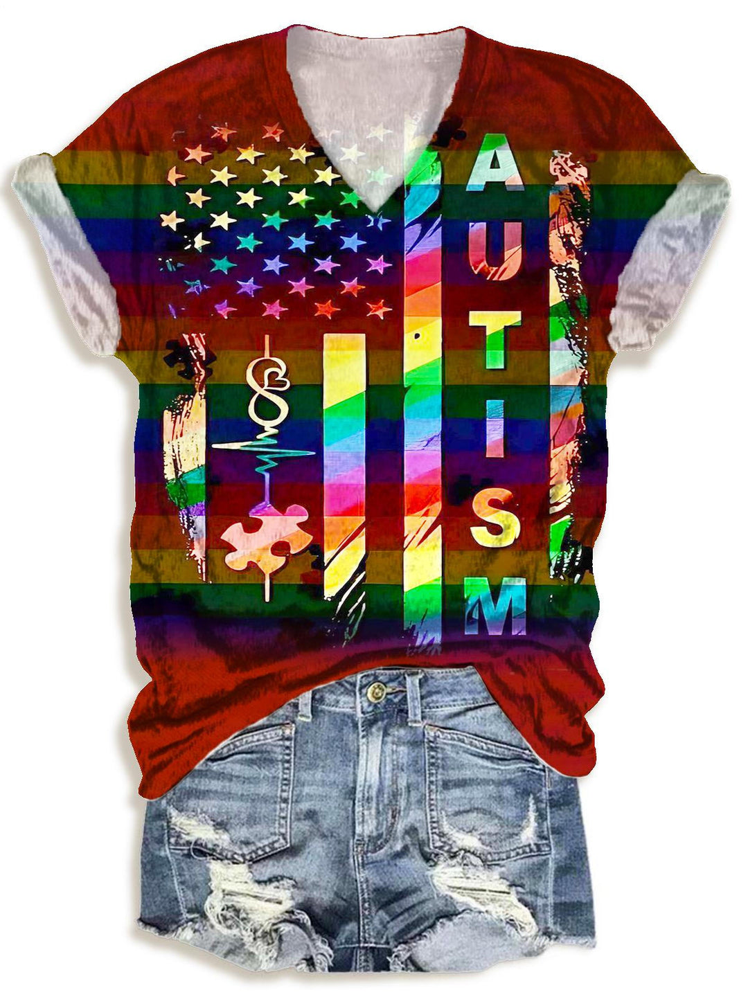 Rainbow Flag Autism V-neck T-Shirt