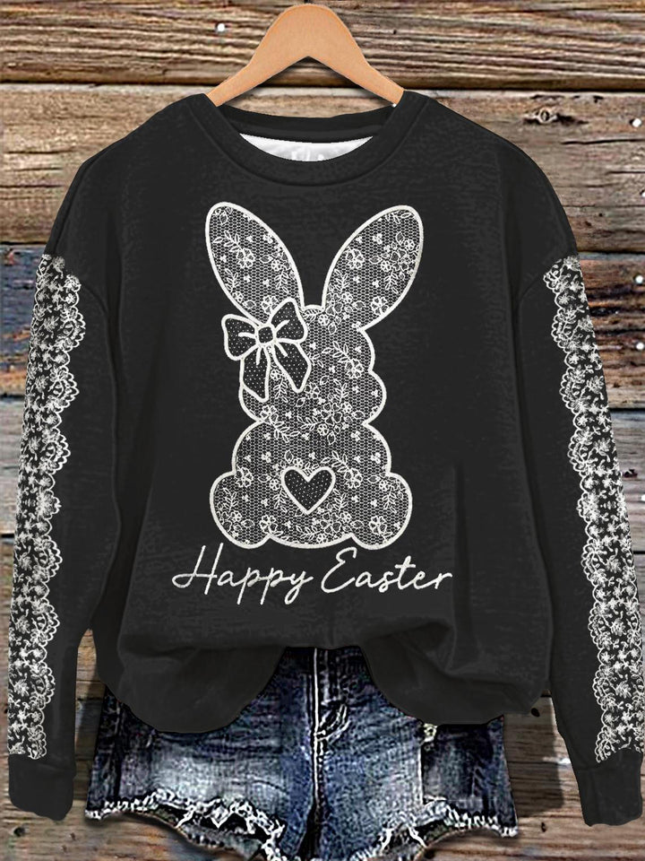 White Lace Bunny Easter Print Long Sleeve Casual Top