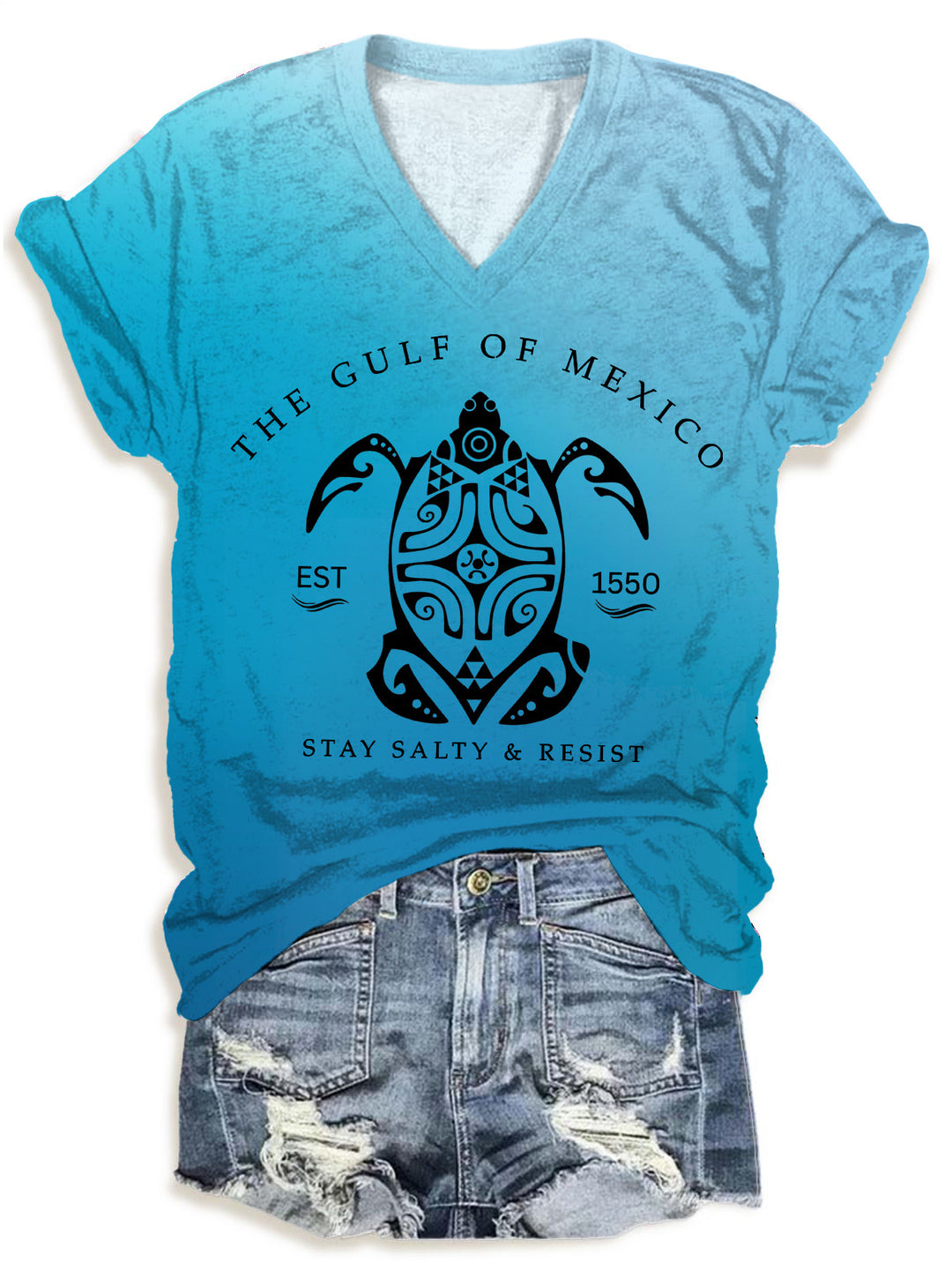 Gulf Of Mexico Stay Salty Gradient Printing V-neck T-Shirt