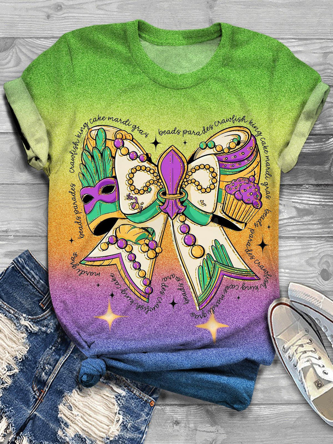 Mardi Gras Fun Bow Illustration Gradient Print casual T-shirt