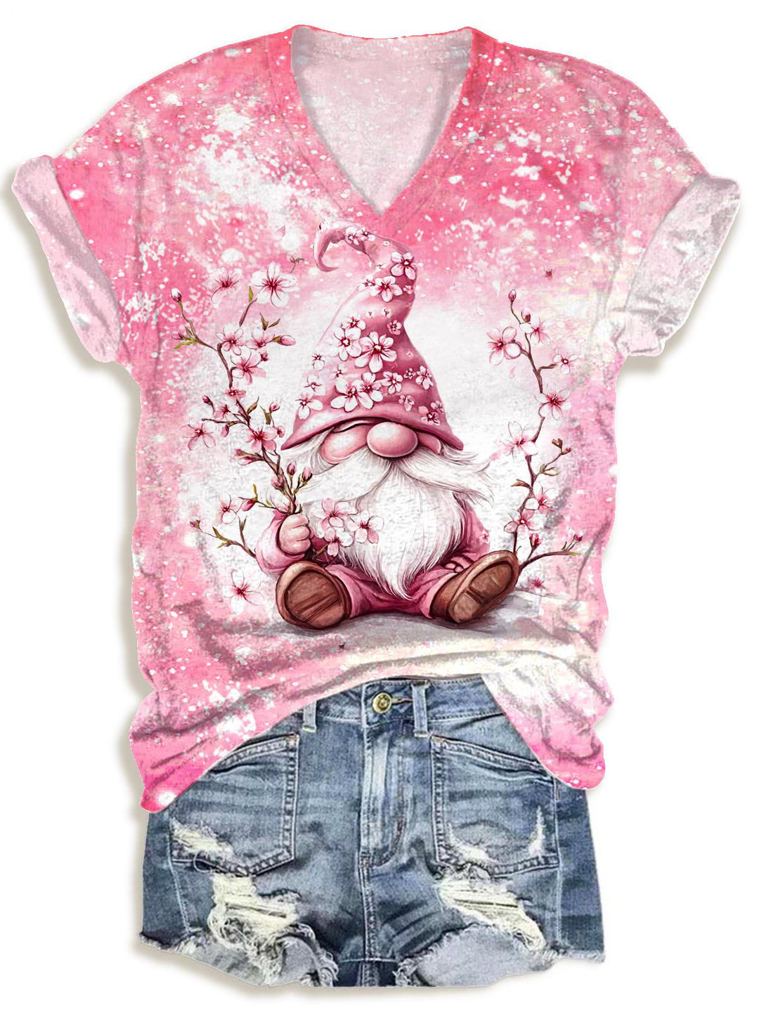 Pring Peach Blossom Gnome V-neck T-Shirt