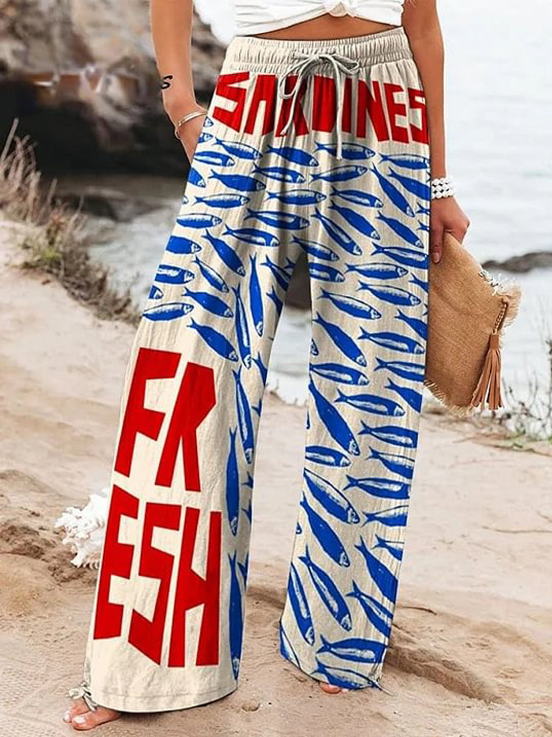 Womens Vintage Sardines Art Print Casual Pants