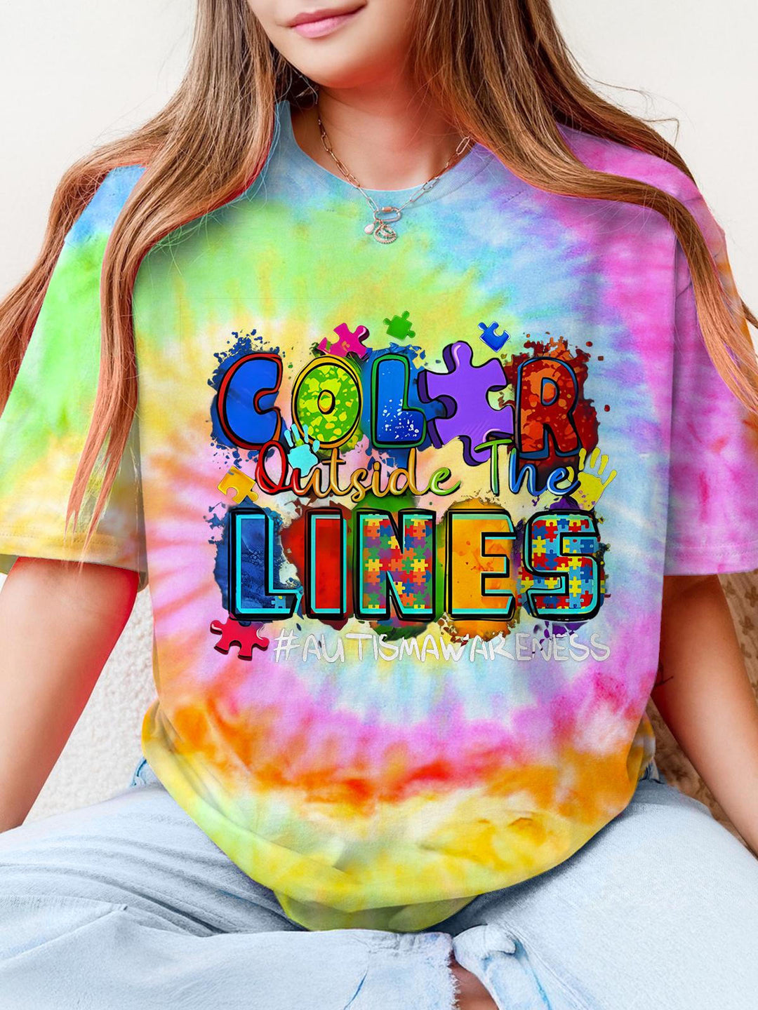 Color Outside The lines Autism Awareness Crew Neck T-shirt