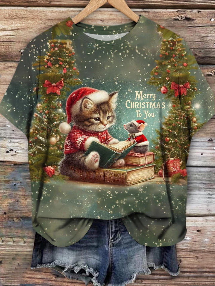 Women's Cute Cat and Mouse Christmas Print Long Sleeve Top