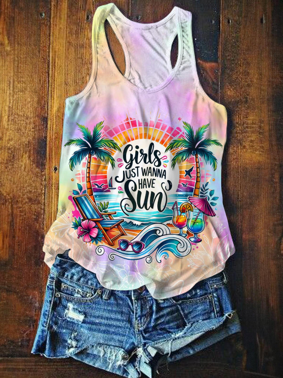 Girls Just Wanna Have Sun Printed Casual Tank Top