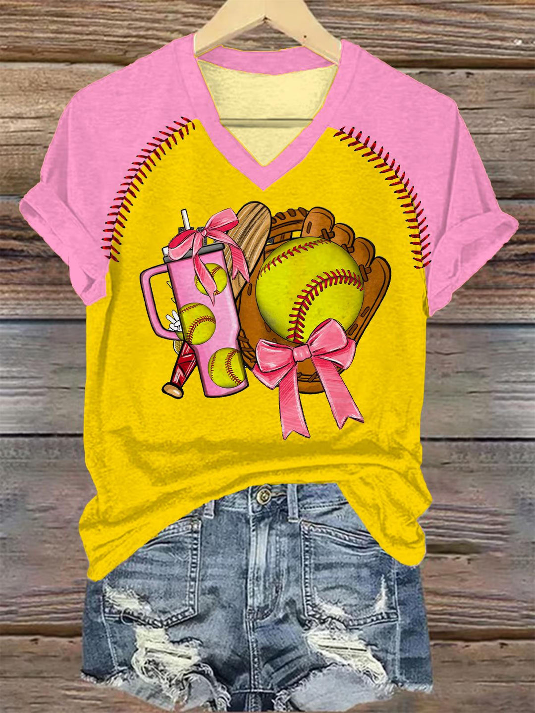 Colorblock Softball Print V-neck T-Shirt