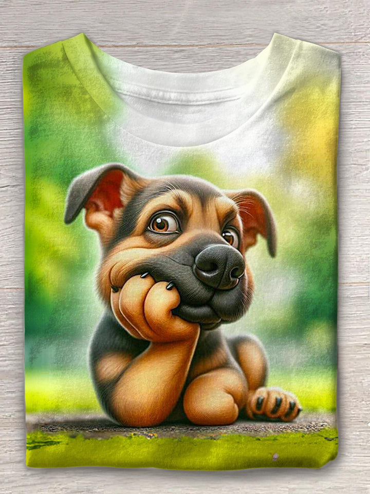 Cute Lawn Puppy Print Crew Neck T-shirt