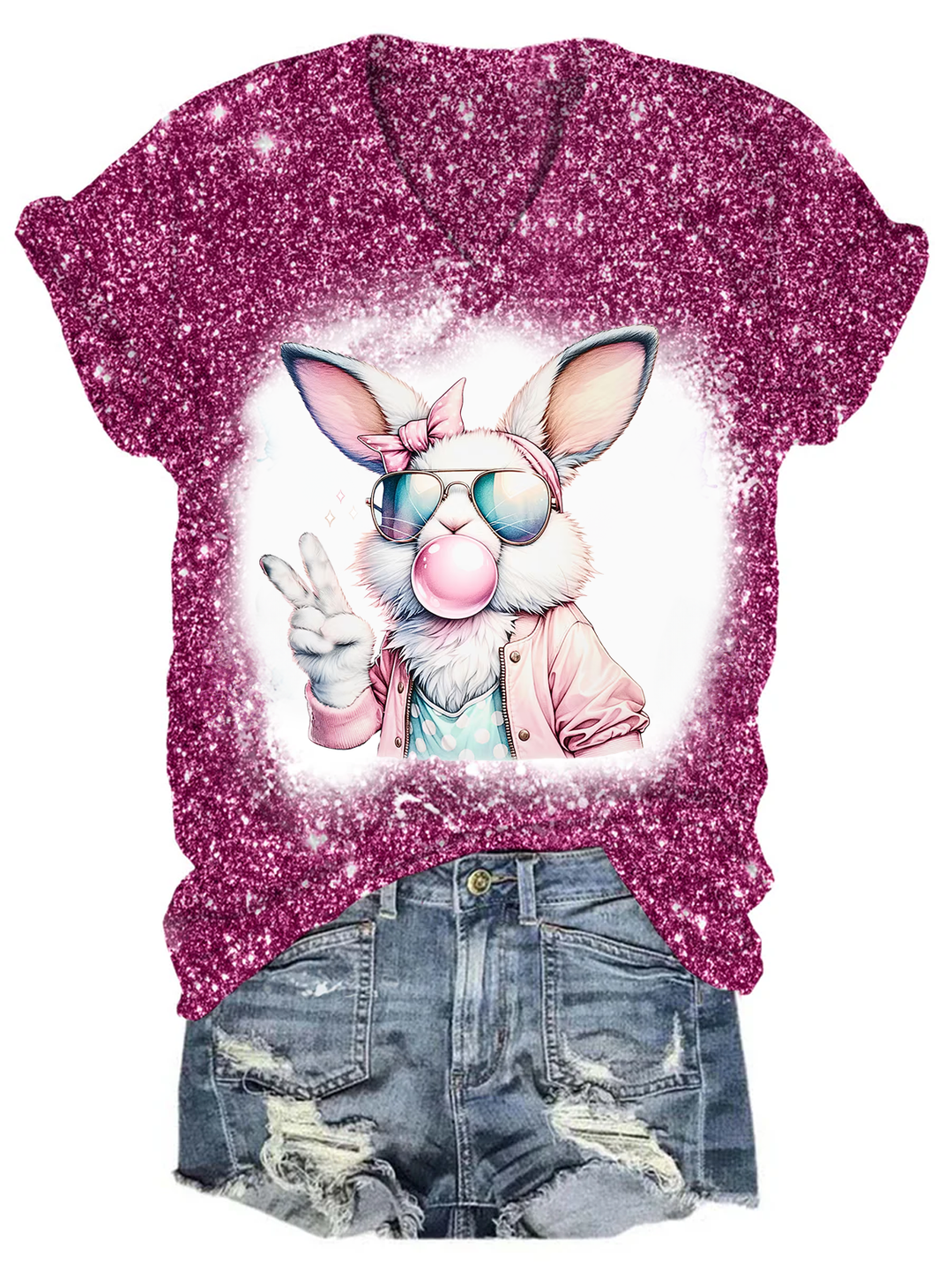 Glitter Easter Bunny Coquette V-Neck T-Shirt