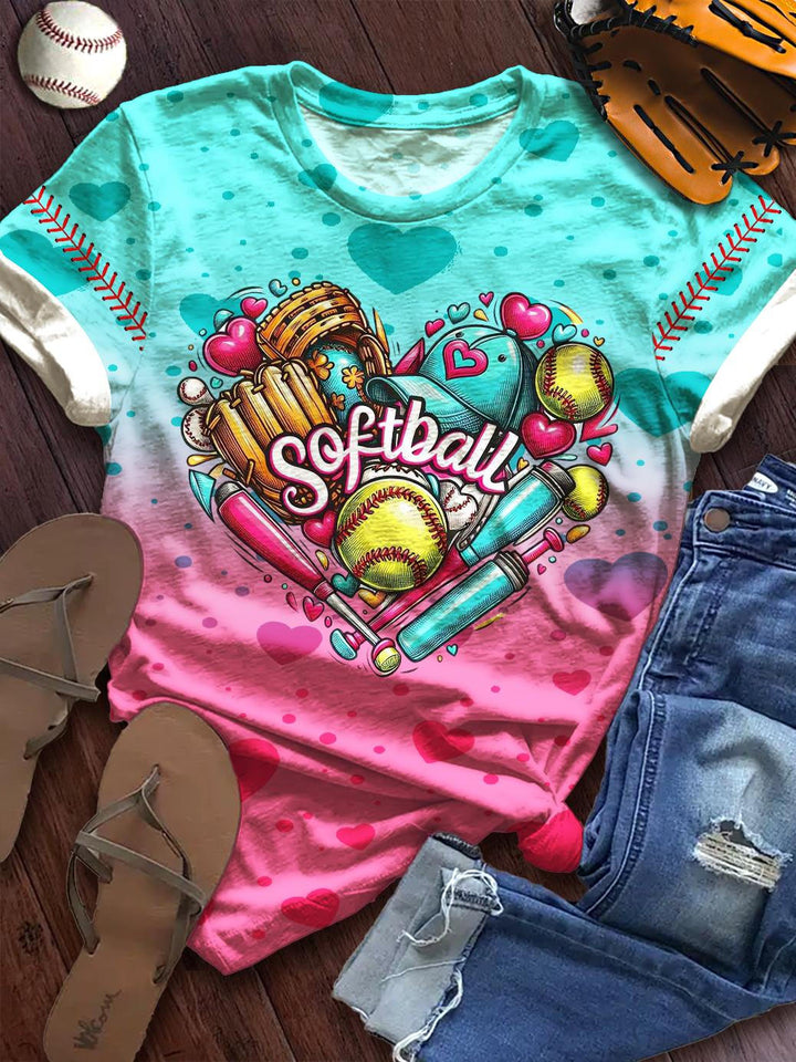 Love Softball Print Crew Neck T-shirt