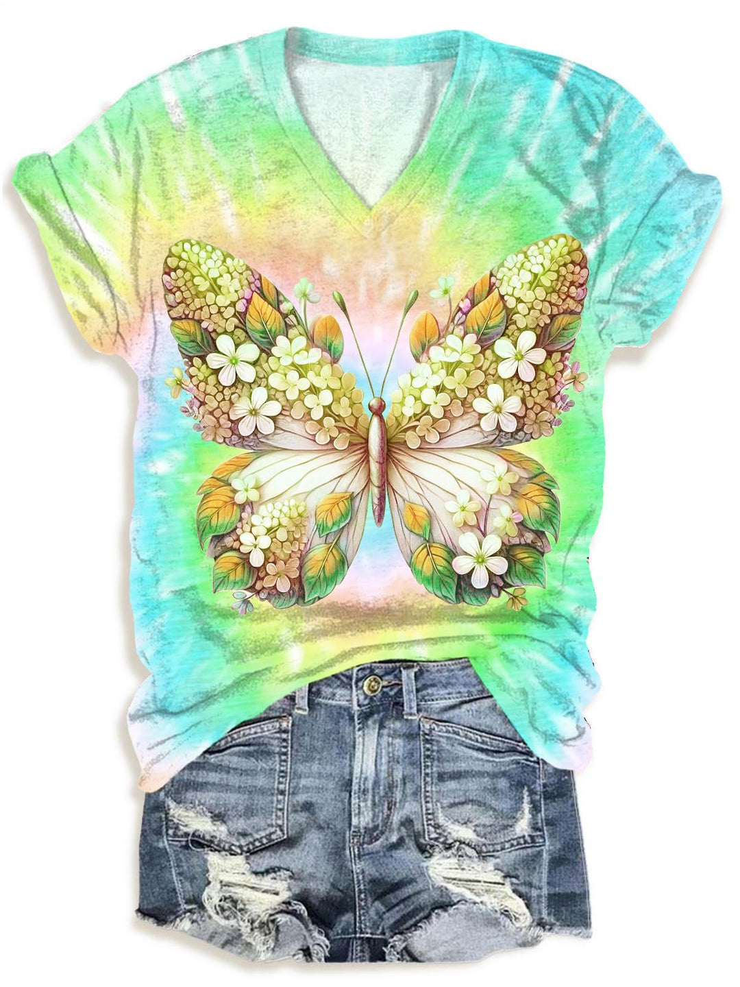 Spring Colorful Tie Dye Butterfly V-neck T-Shirt