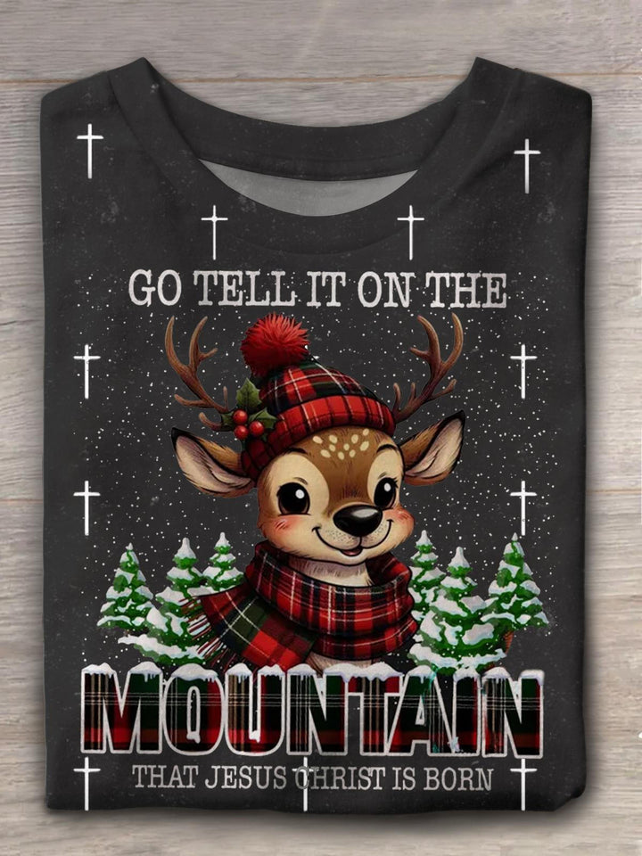 Go Tell It On The Mountain That Jesus Christ Is Born Reindeer Printed T-shirt