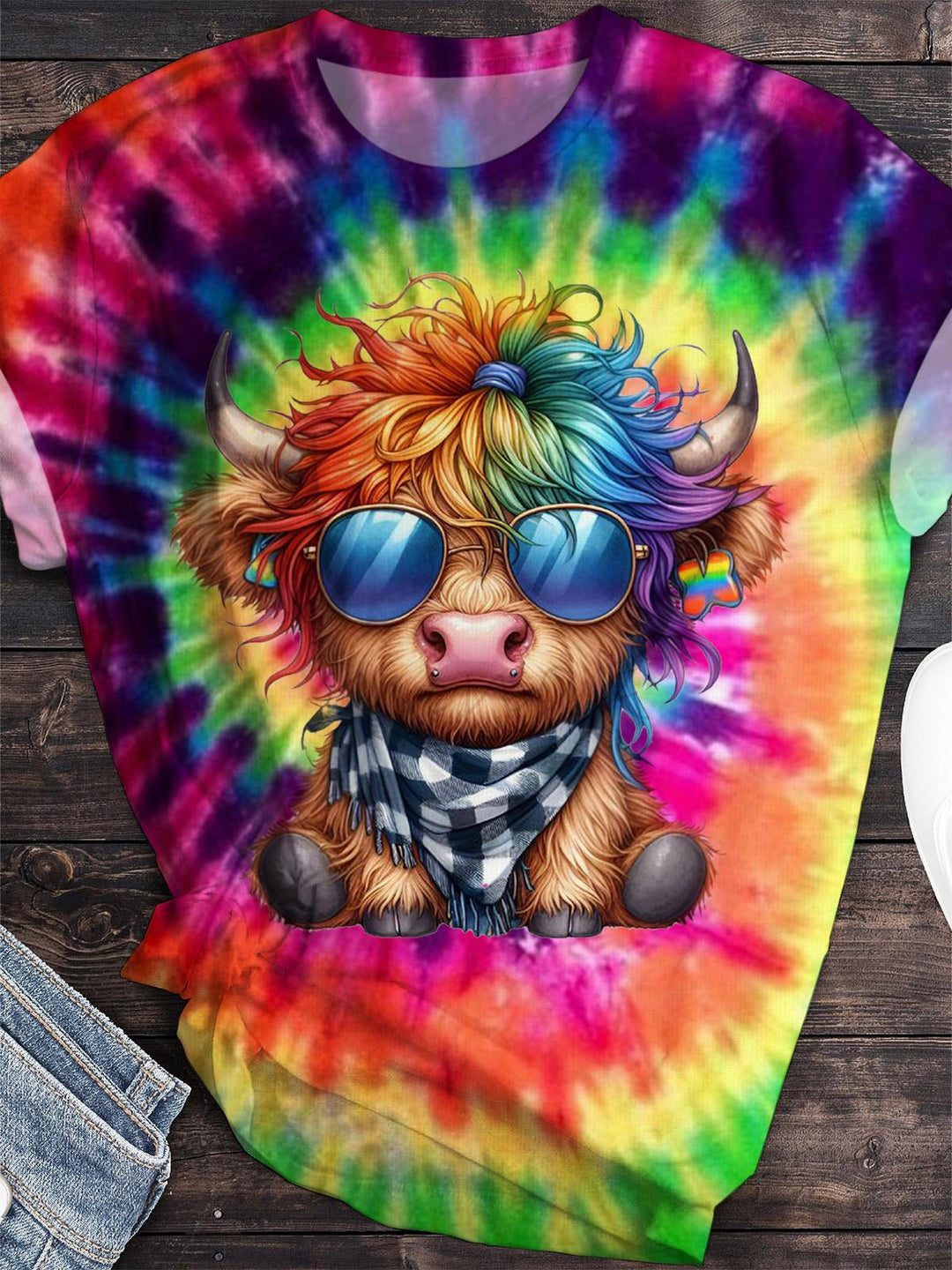 Rainbow Hair Highland Cow Crew Neck T-shirt