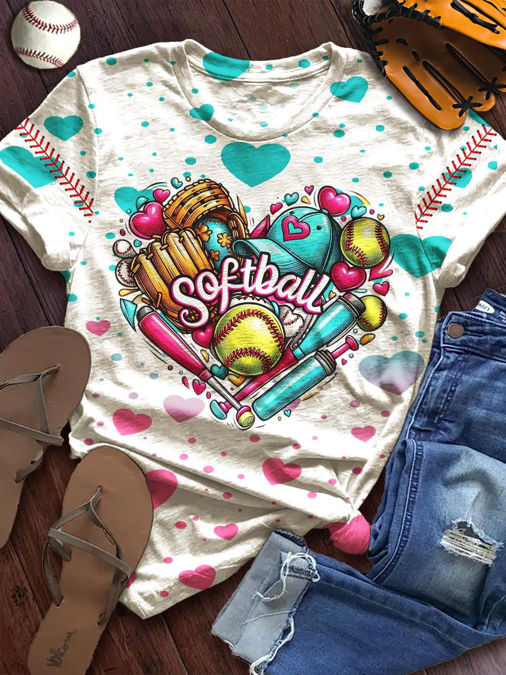 Love Softball Print Crew Neck T-shirt