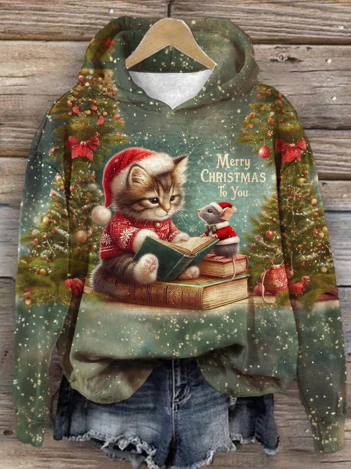 Women's Cute Cat and Mouse Christmas Print Long Sleeve Top